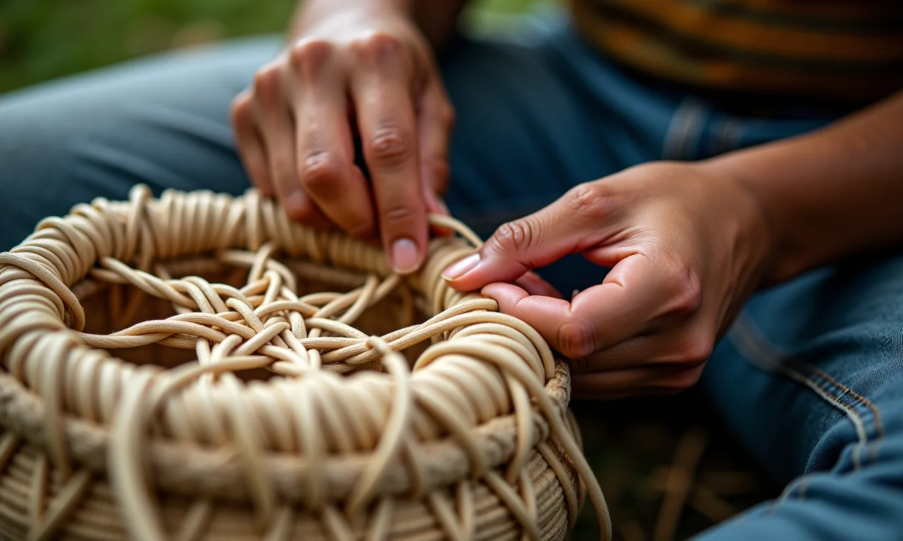 Mãos de artesão brasileiro tecendo cesta, representando o valor intrínseco do trabalho manual.