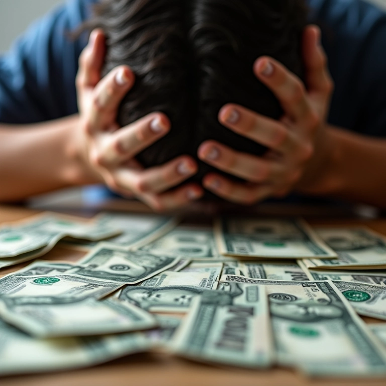 Mãos desesperadas sobre contas não pagas e dinheiro.