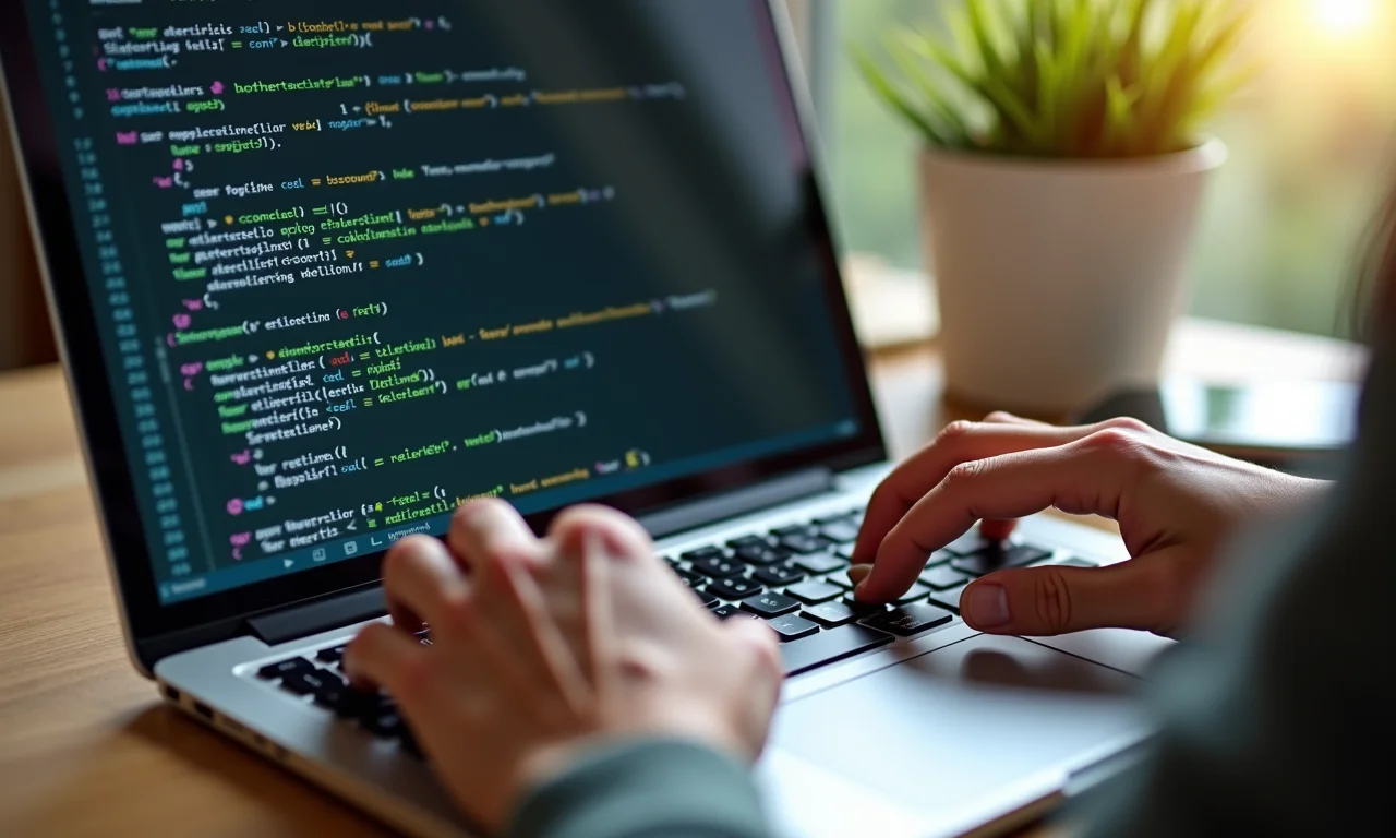 Mãos digitando em laptop com código contendo variáveis e expressões.