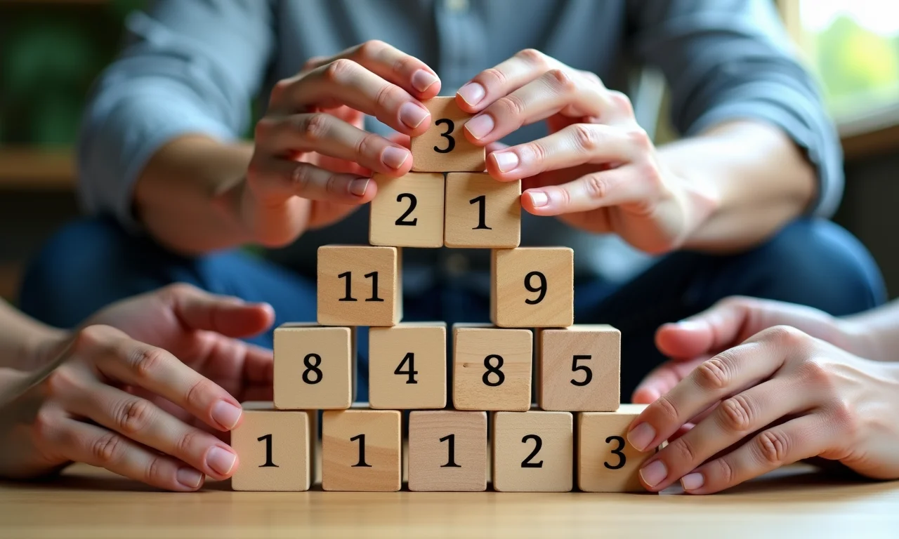 Mãos diversas construindo pirâmide de blocos com valores decimais, representando a base do sistema decimal.