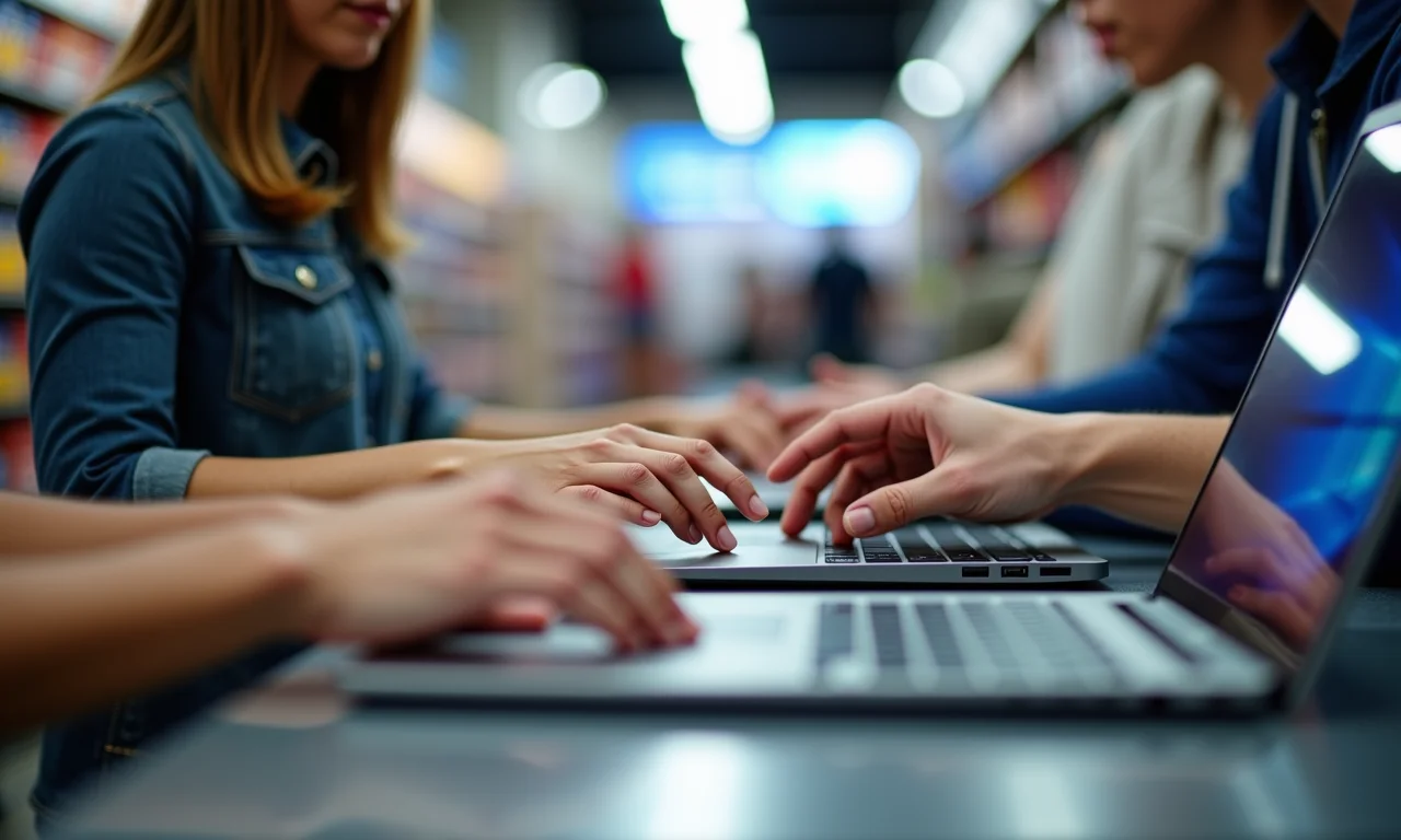 Mãos diversas escolhendo um notebook em uma loja bem iluminada.