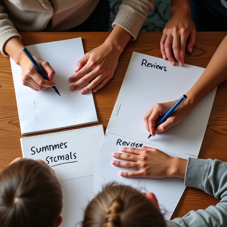 Mãos diversas escrevendo em cadernos com 'Resumo' e 'Resenha' em uma mesa colorida.