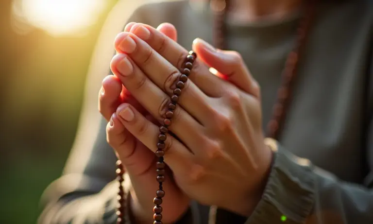 Mãos em oração com terço, simbolizando a busca por perdão dos pecados veniais.
