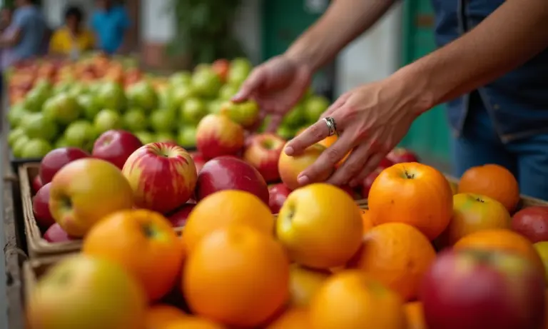 Mãos escolhendo entre frutas em uma banca de mercado vibrante, representando a escolha entre opções.