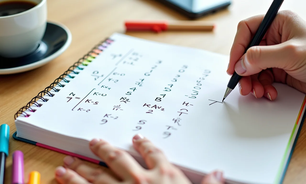 Mãos escrevendo equações matemáticas em caderno colorido.