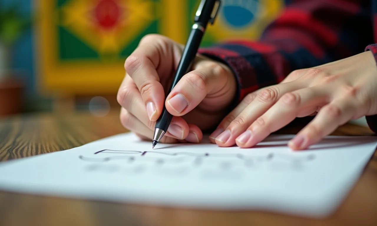 Mãos escrevendo 'gerúndio' em papel, com caneta em movimento, fundo com estampas brasileiras.