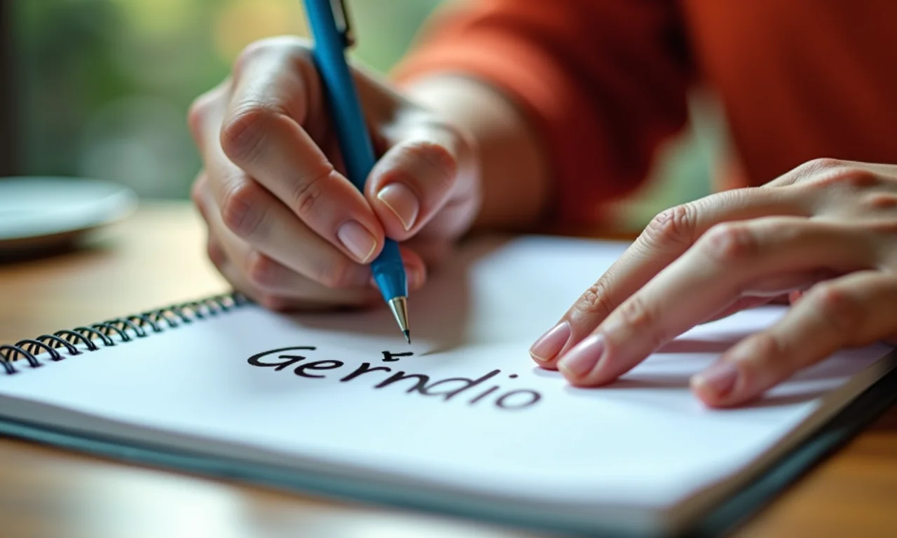 Mãos escrevendo 'gerúndio' em um caderno, representando uma ação em andamento.
