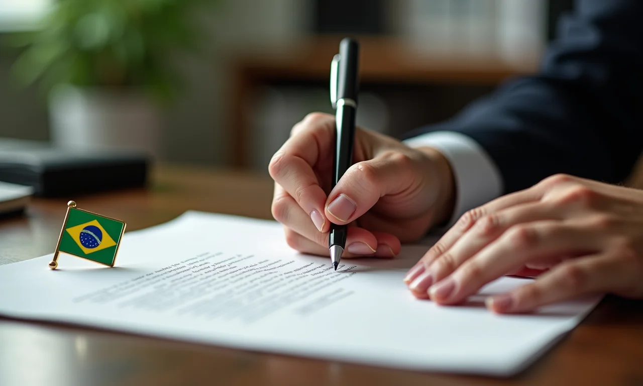 Mãos escrevendo redação oficial em papel elegante, pin da bandeira do Brasil.