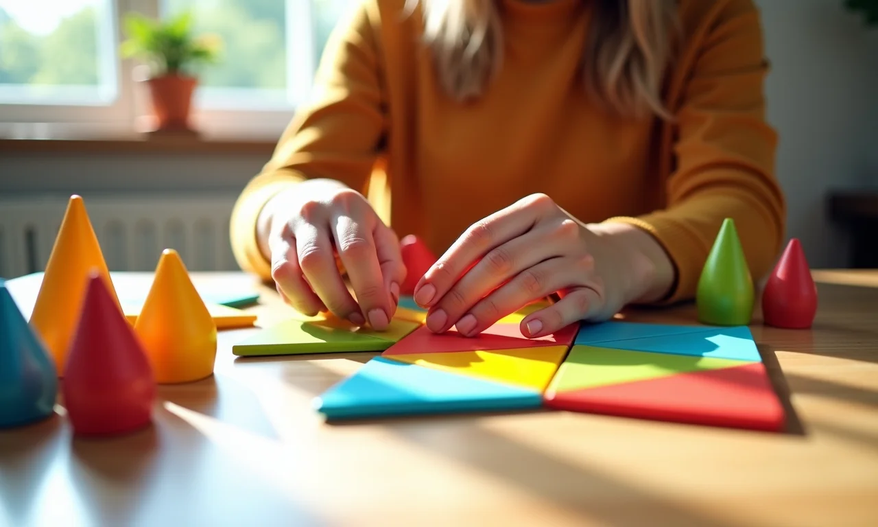 Mãos femininas montando Tangram com peças coloridas.
