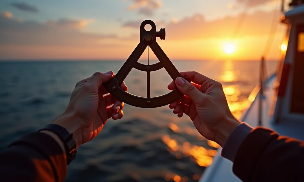 Mãos manuseando um sextante para calcular a latitude em alto mar.