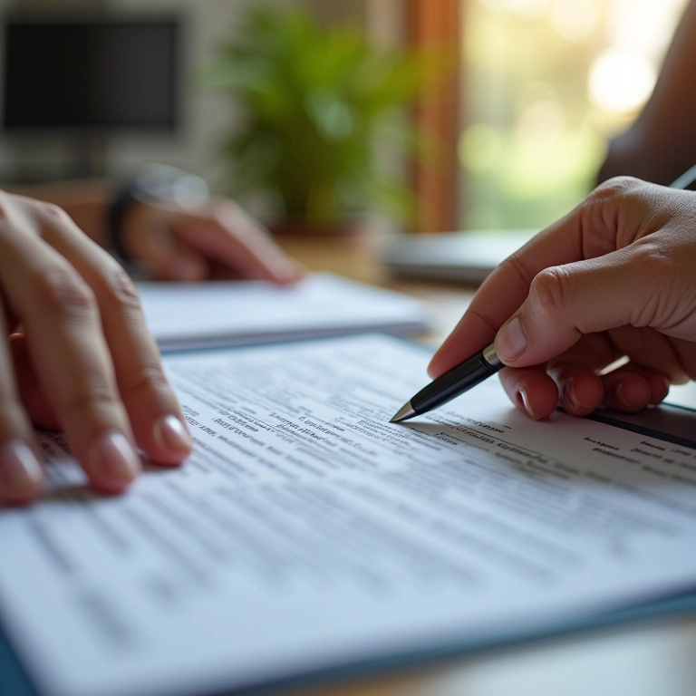 Mãos organizando documentos fiscais para declaração do imposto de renda.