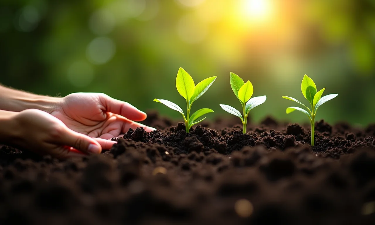 Mãos plantando mudas em solo fértil, simbolizando o sustento da vida.