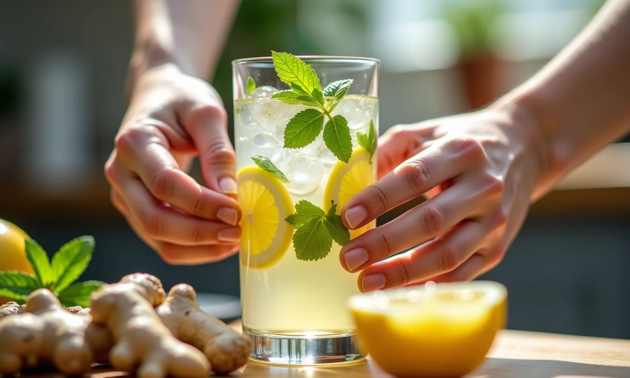 Mãos preparando água aromatizada com gengibre, limão e hortelã.