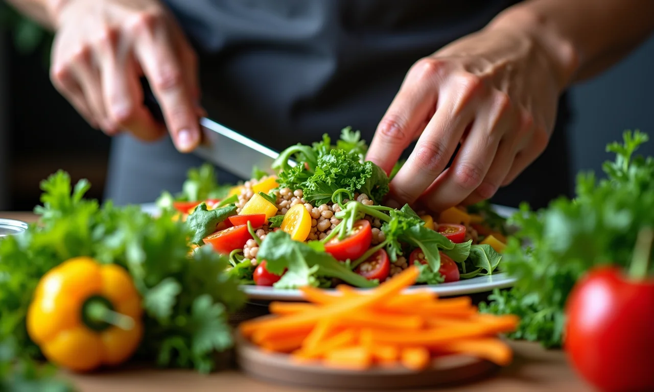 Mãos preparando salada colorida com ingredientes frescos e orgânicos.