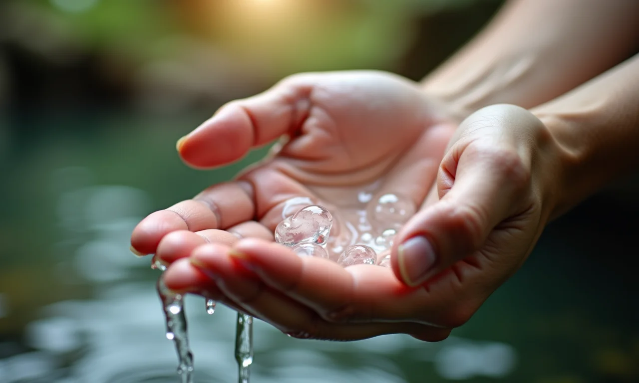 Mãos protegendo água pura de nascente natural.