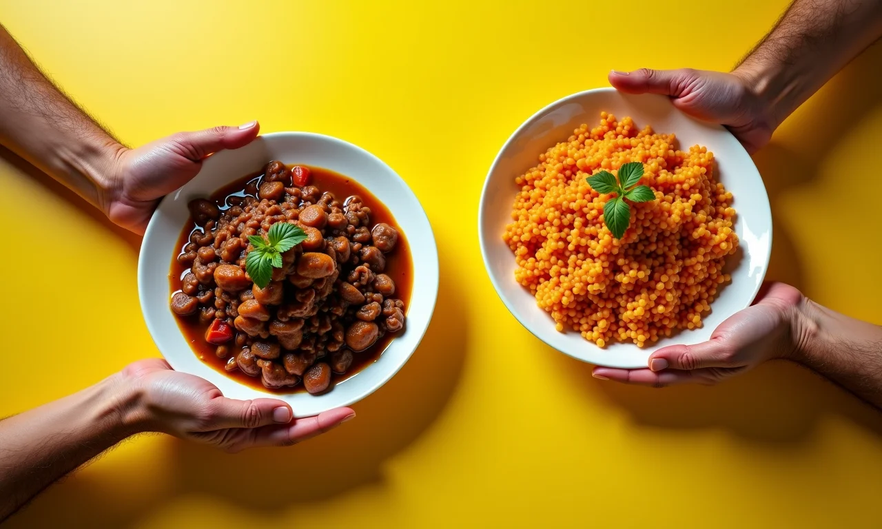 Mãos rejeitando pratos de feijoada e acarajé, representando a negação de ambas as opções.