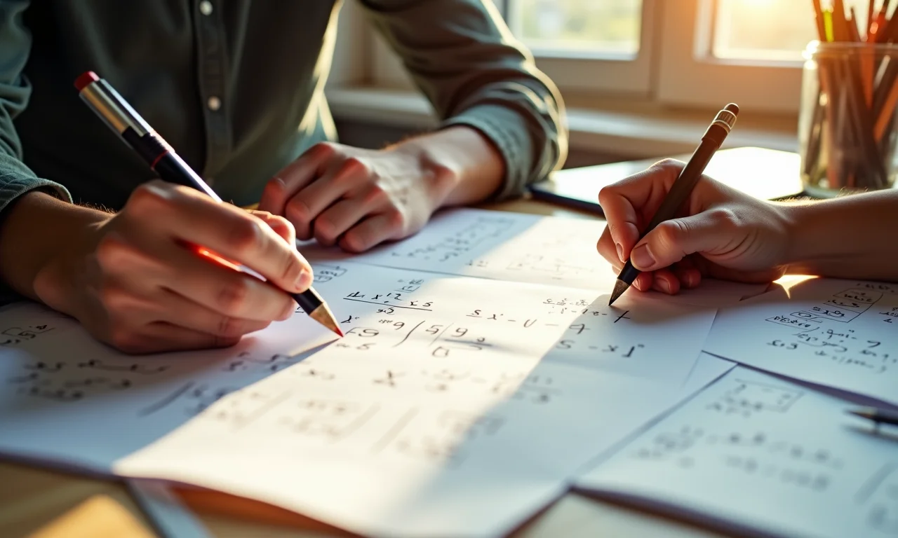 Mãos resolvendo equações de radiciação em uma mesa com materiais de arte brasileiros.