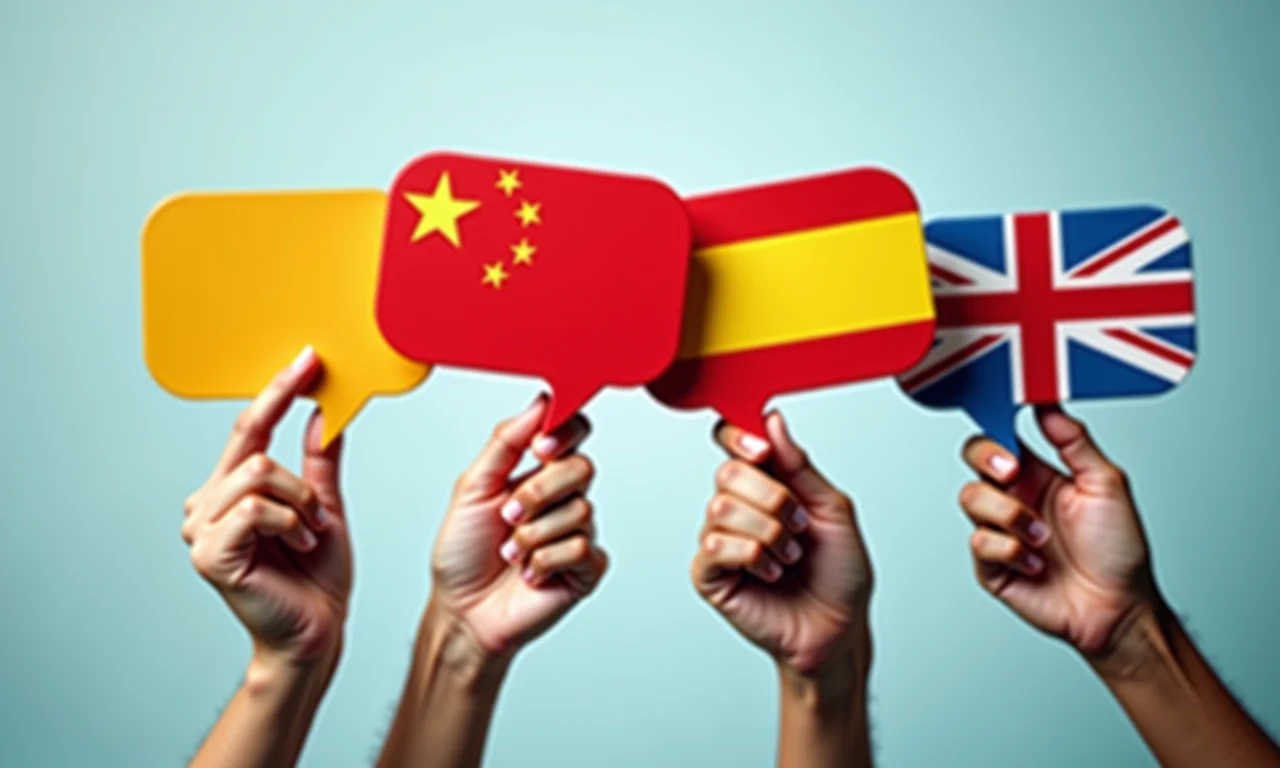 Mãos segurando balões de fala com bandeiras de mandarim, espanhol e inglês.