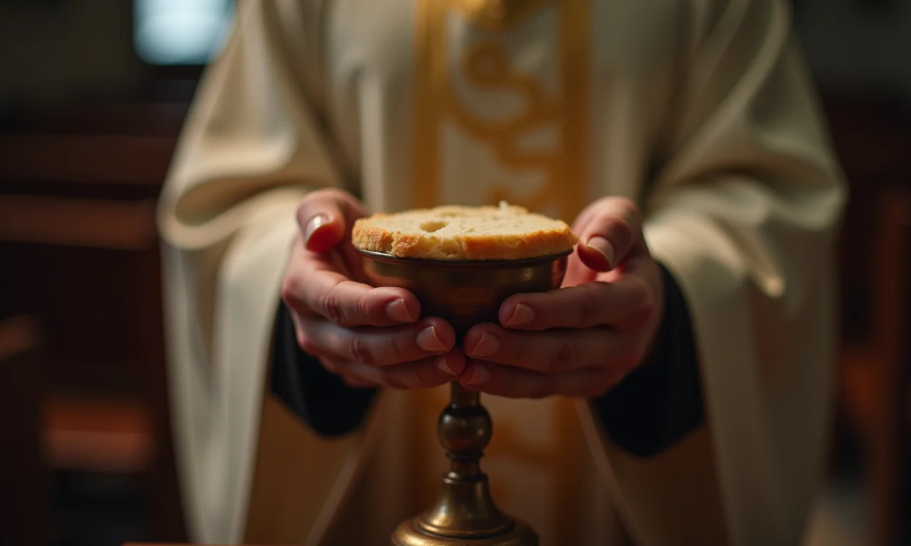 Mãos segurando o pão e o vinho consagrados na Eucaristia.