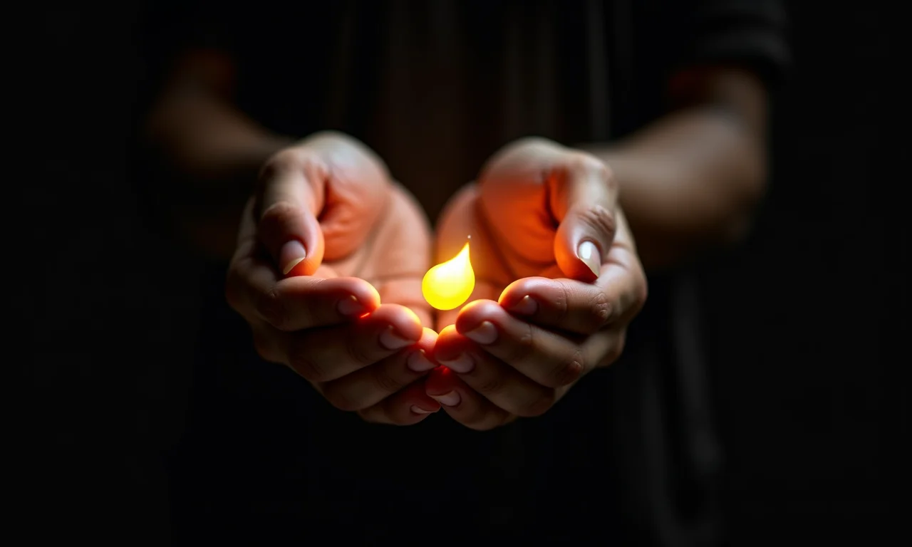 Mãos segurando semente brilhante, representando gratidão.