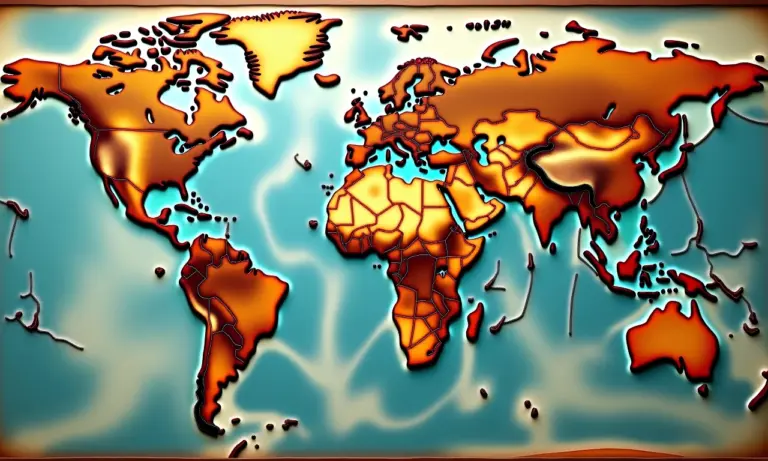 Mapa-múndi cheio de erros geográficos grotescos, como continentes trocados e rios correndo para cima, lembrando um acessório de uma série de TV mal pesquisada.