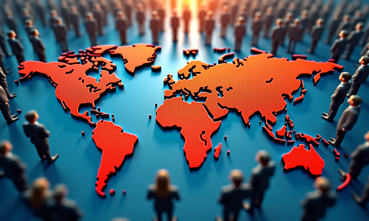 Mapa mundial com fronteiras destacadas e grupo diverso de pessoas.