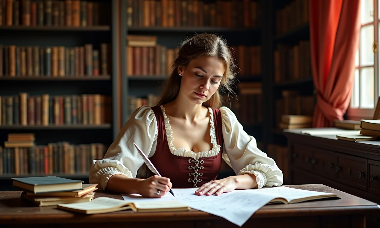Maria Gaetana Agnesi escrevendo equações matemáticas em seu estudo.
