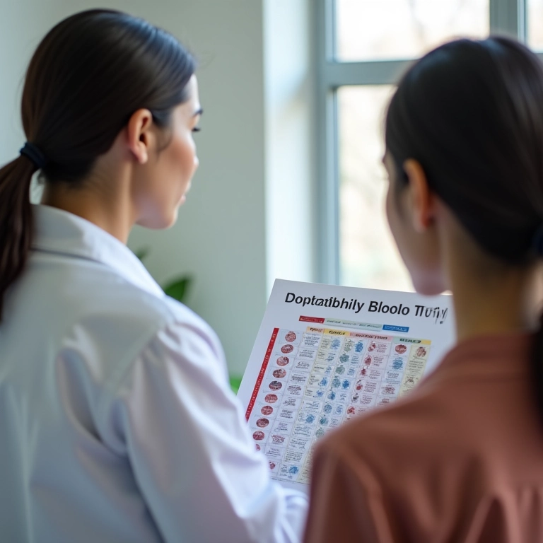 Médico explicando a importância da tipagem sanguínea e fator Rh para mulher.