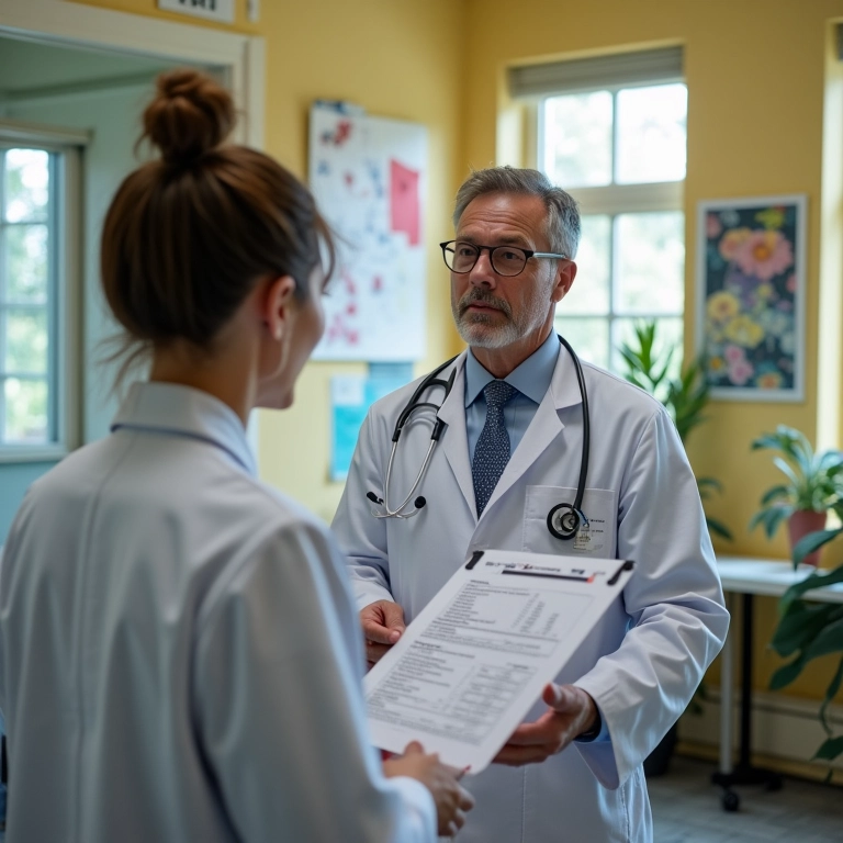 Médico explicando resultados de exame de sangue para uma paciente em consultório decorado com estilo Farm Rio.