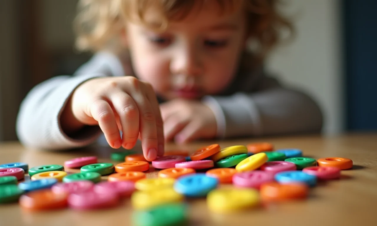 Menina contando botões coloridos, aprendendo matemática no dia a dia.