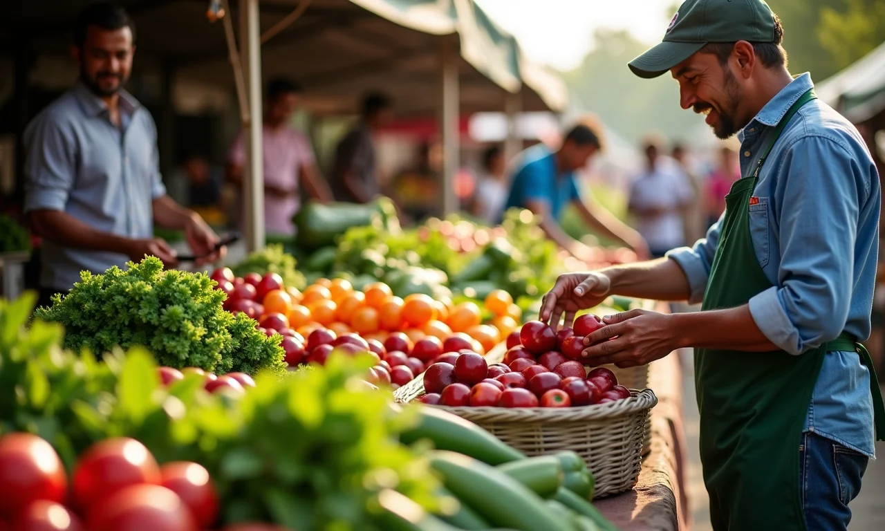 Mercado de agricultores brasileiro com oferta e procura.