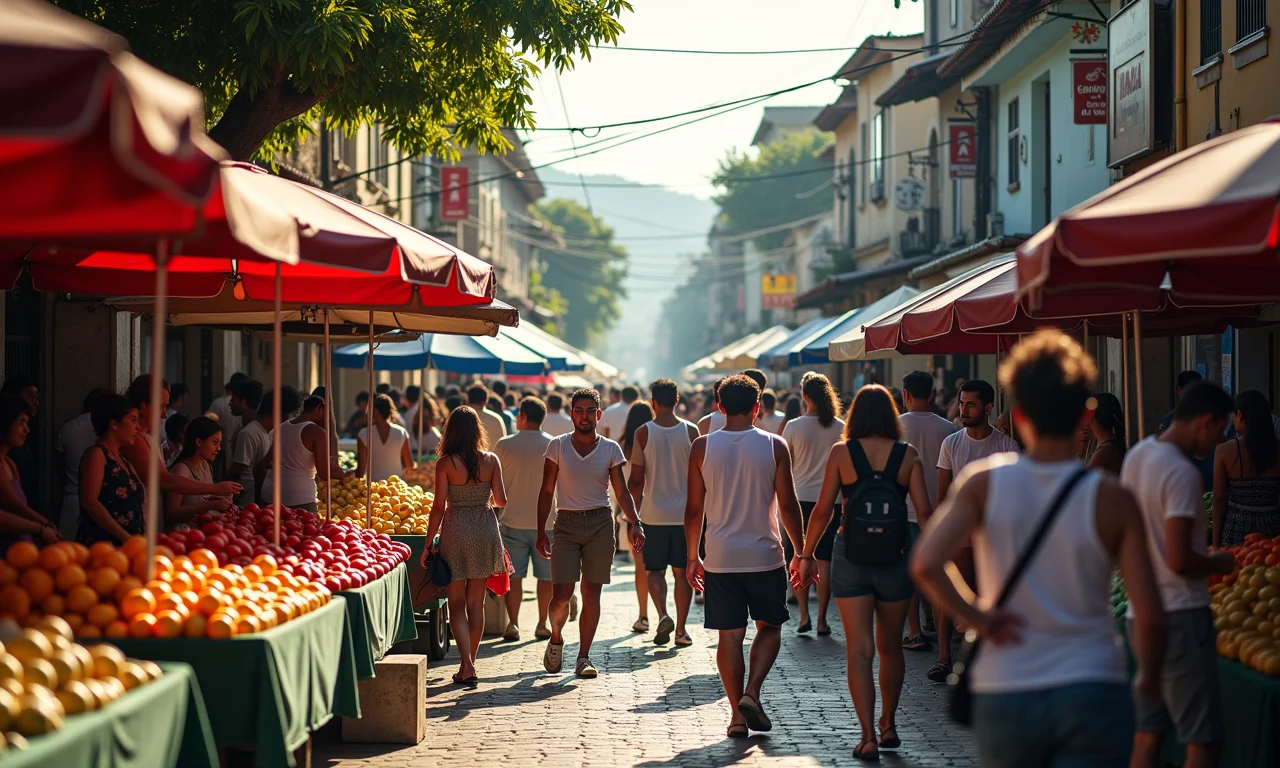Mercado de rua brasileiro vibrante e movimentado, representando a presença ubíqua.