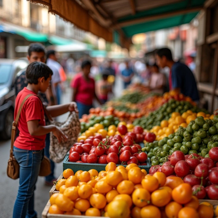 Mercado Ver-o-Peso no Pará, vibrante e cheio de vida com vendedores e frutas.