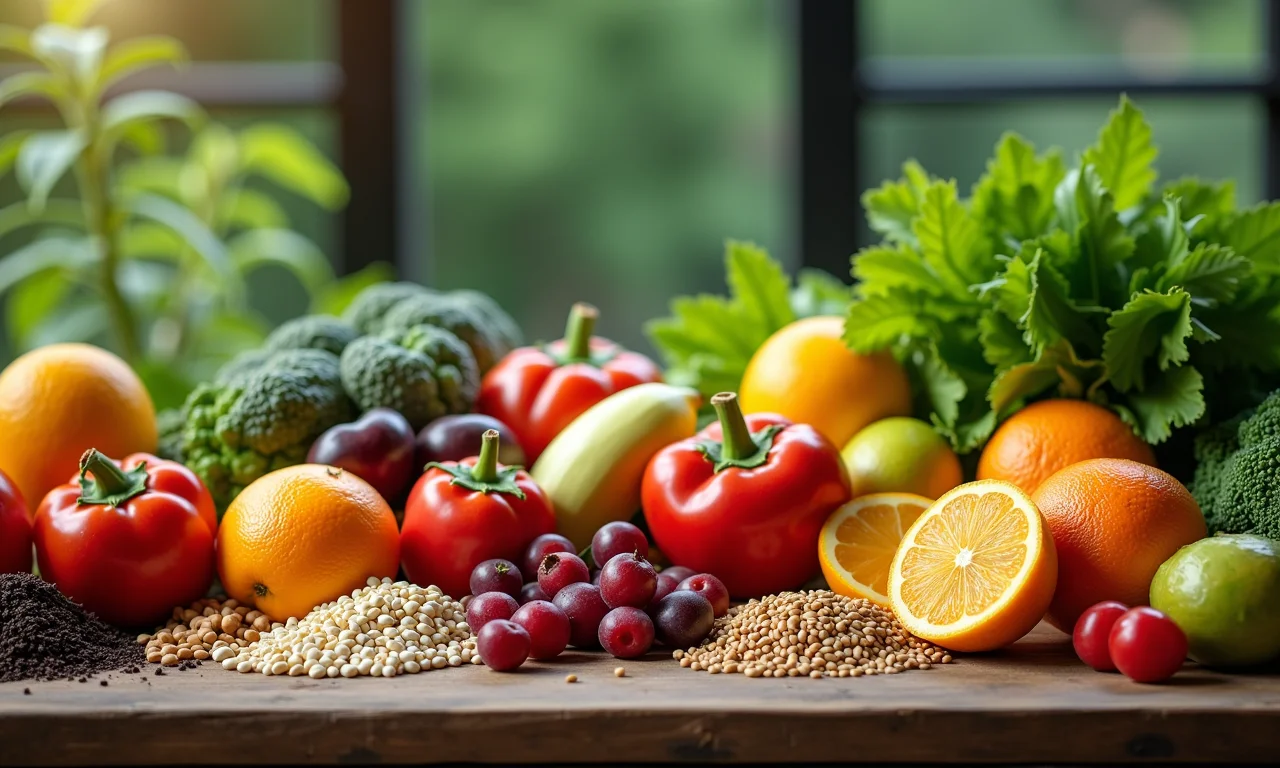 Mesa colorida com alimentos saudáveis, frutas e verduras em cozinha vibrante.