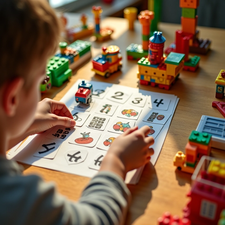 Mesa de cozinha vibrante com brinquedos educativos para atividades de matemática infantil.