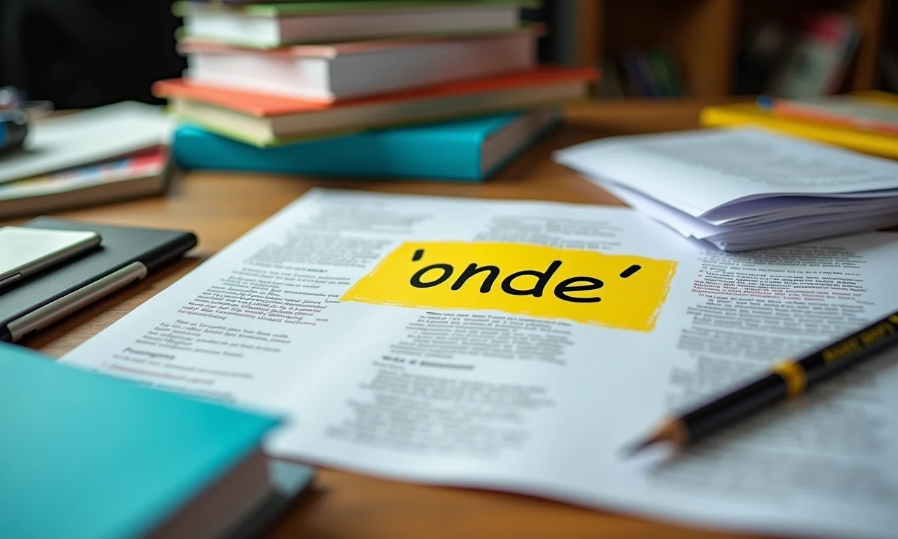 Mesa de escritor com excesso de papéis e a palavra 'onde' repetida várias vezes, representando a confusão na escrita.