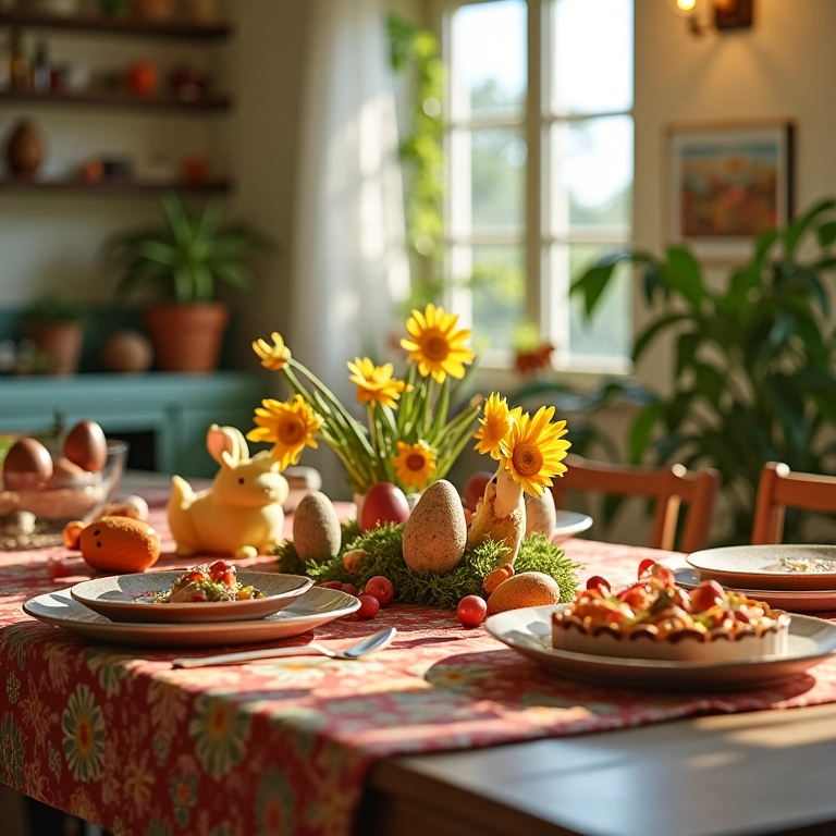 Mesa de Páscoa colorida com decoração brasileira, ovos de chocolate e doces tradicionais.