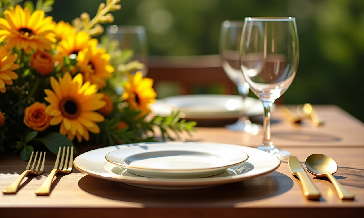 Mesa decorada com talheres dourados e flores amarelas, simbolizando prosperidade.