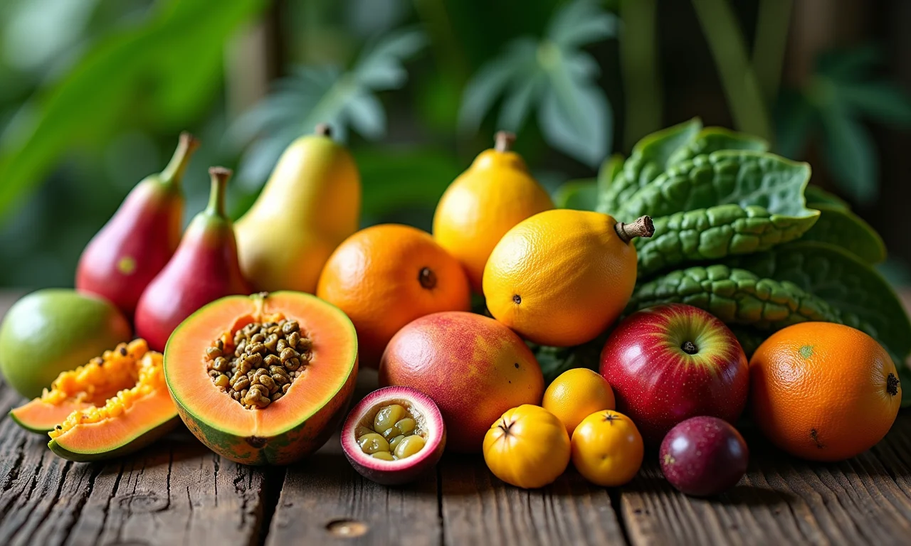 Mesa rústica farta com frutas tropicais brasileiras, representando a base da nossa nutrição.