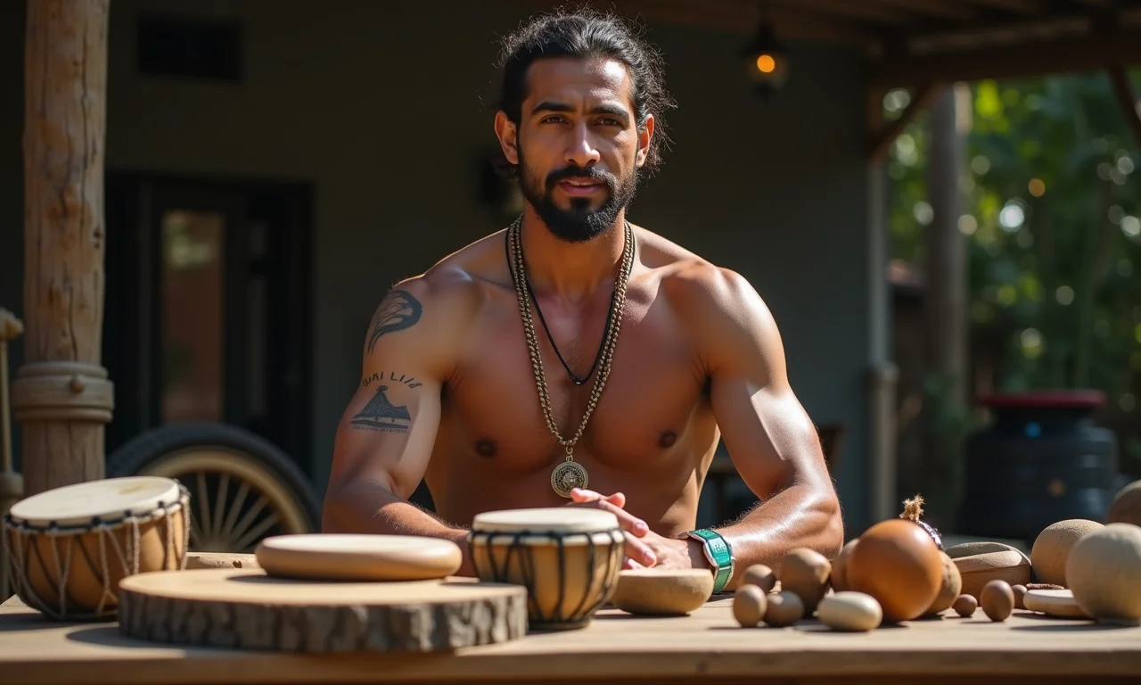 Mestre de capoeira explicando a importância dos instrumentos, com berimbaus.