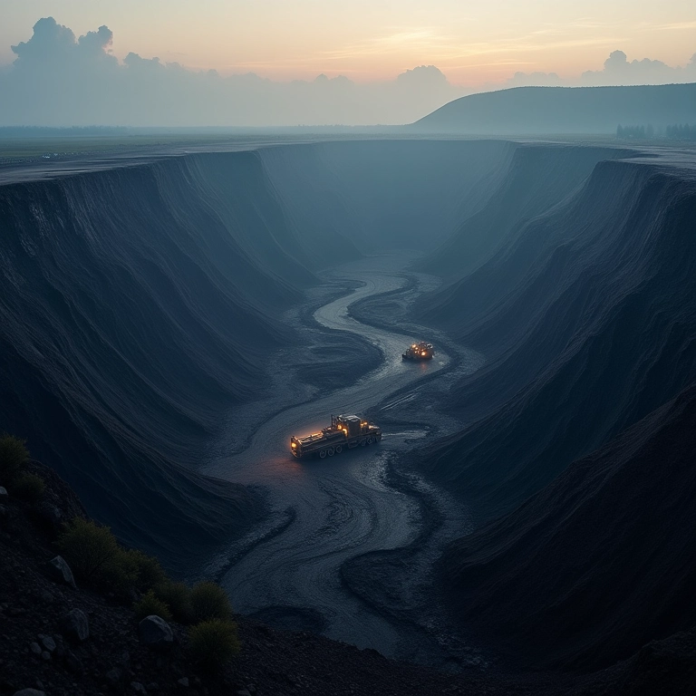 Mina de carvão mineral mostrando a extração e o impacto ambiental.