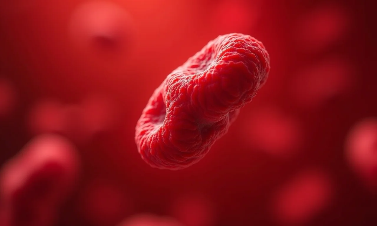 Molécula de hemoglobina capturando oxigênio, cor vermelha vibrante.