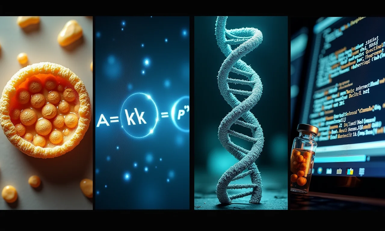 Montagem de descobertas científicas: penicilina, relatividade, DNA, internet e vacina da poliomielite.