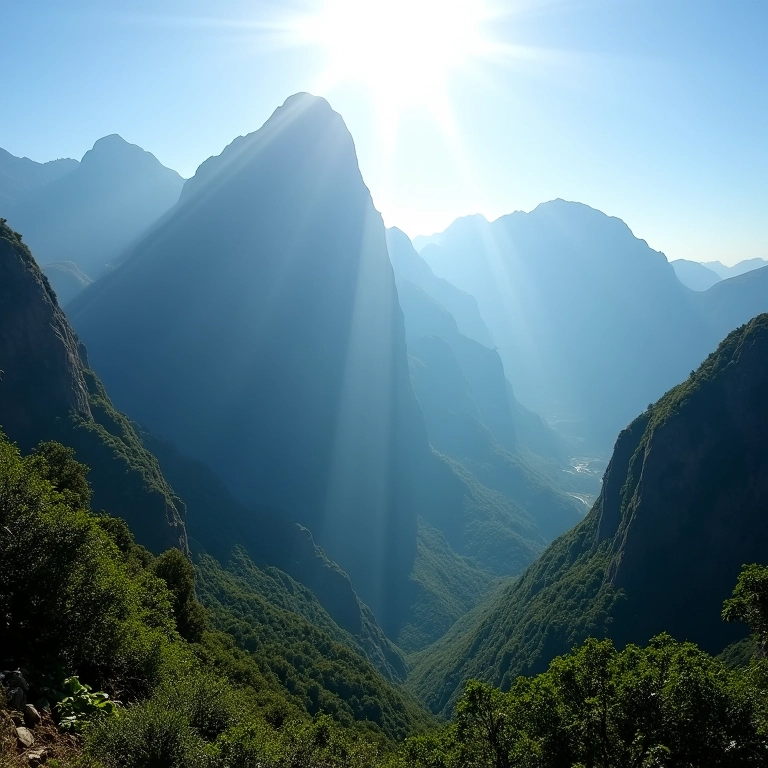 Montanhas majestosas com luz solar filtrando pelos picos.