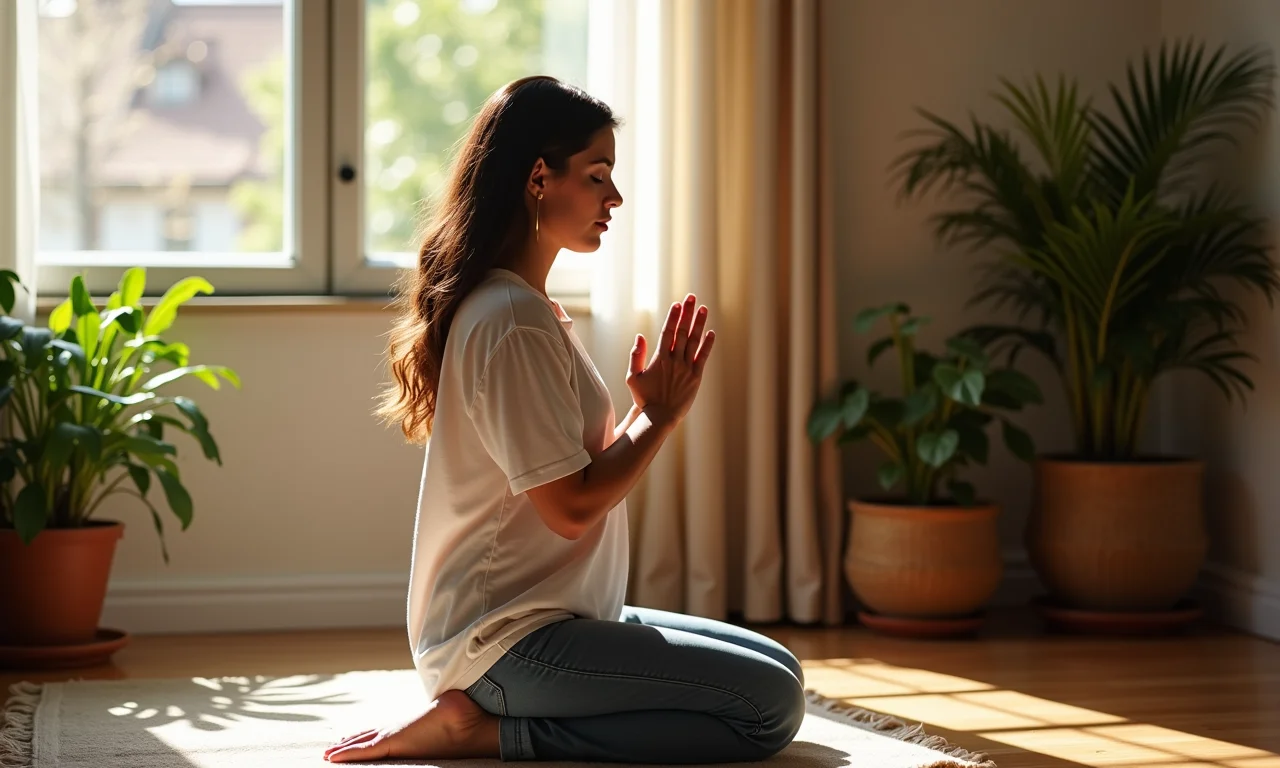 Mulher ajoelhada em oração, buscando a remissão dos pecados veniais.