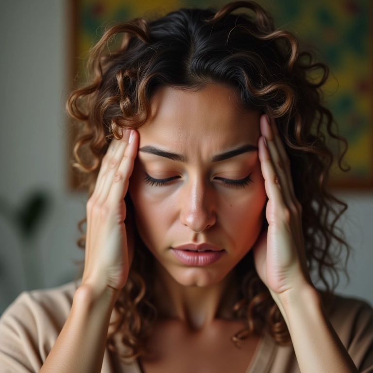 Mulher aliviando dor de cabeça tensional com massagem nas têmporas.