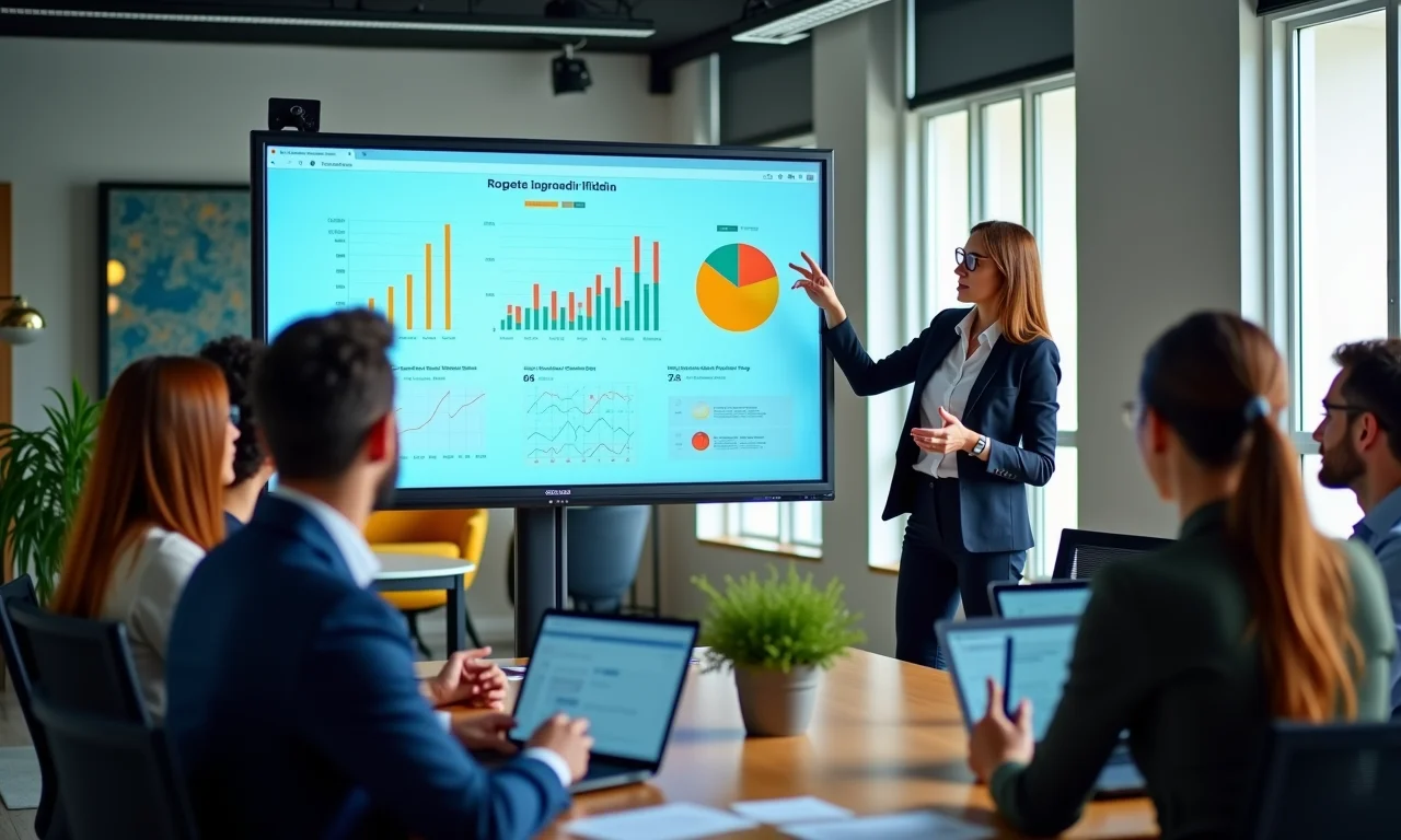 Mulher apresentando dados em tela grande para equipe atenta em escritório moderno.