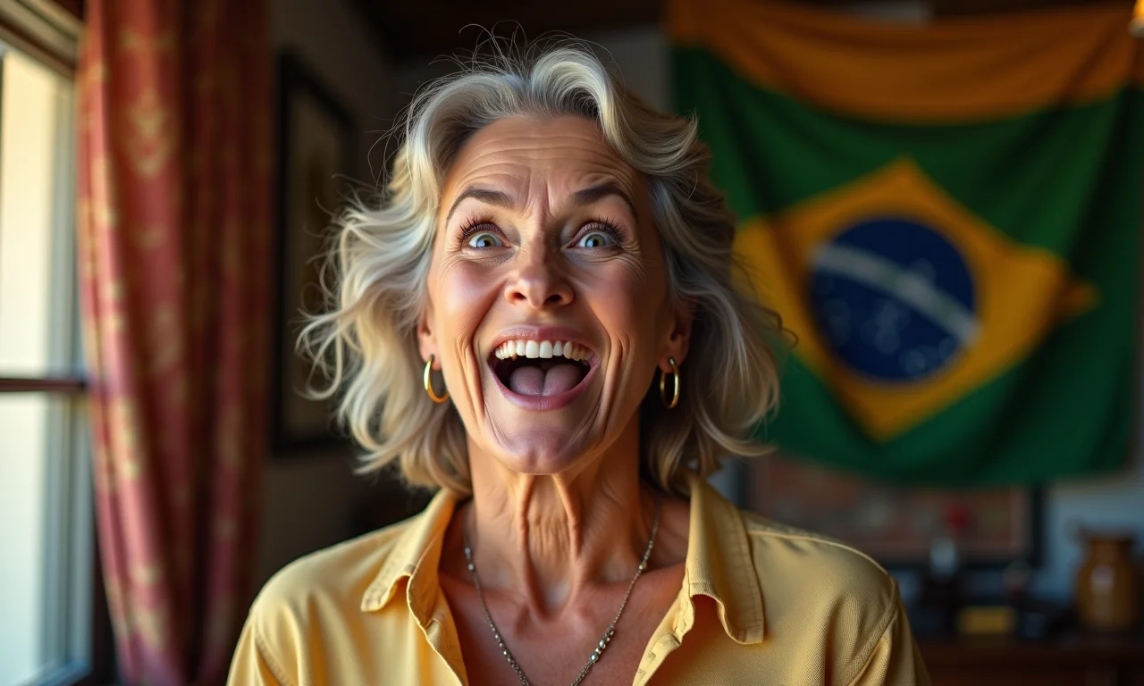 Mulher asiática expressa surpresa alegre, com um ponto de exclamação brilhante ao lado.