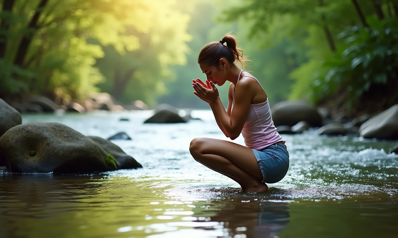 Mulher bebendo água pura de rio em paisagem exuberante.