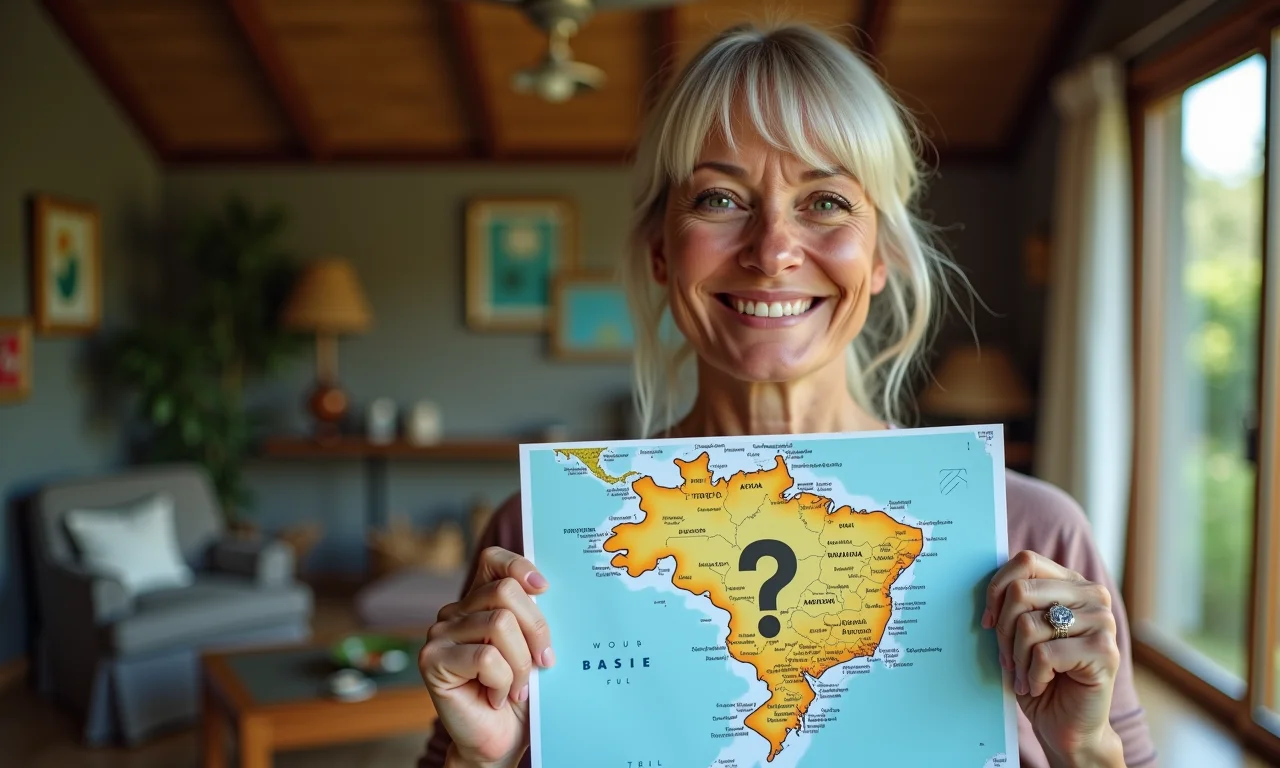 Mulher branca coloca um ponto final grande em um mapa do Brasil, simbolizando uma decisão firme.